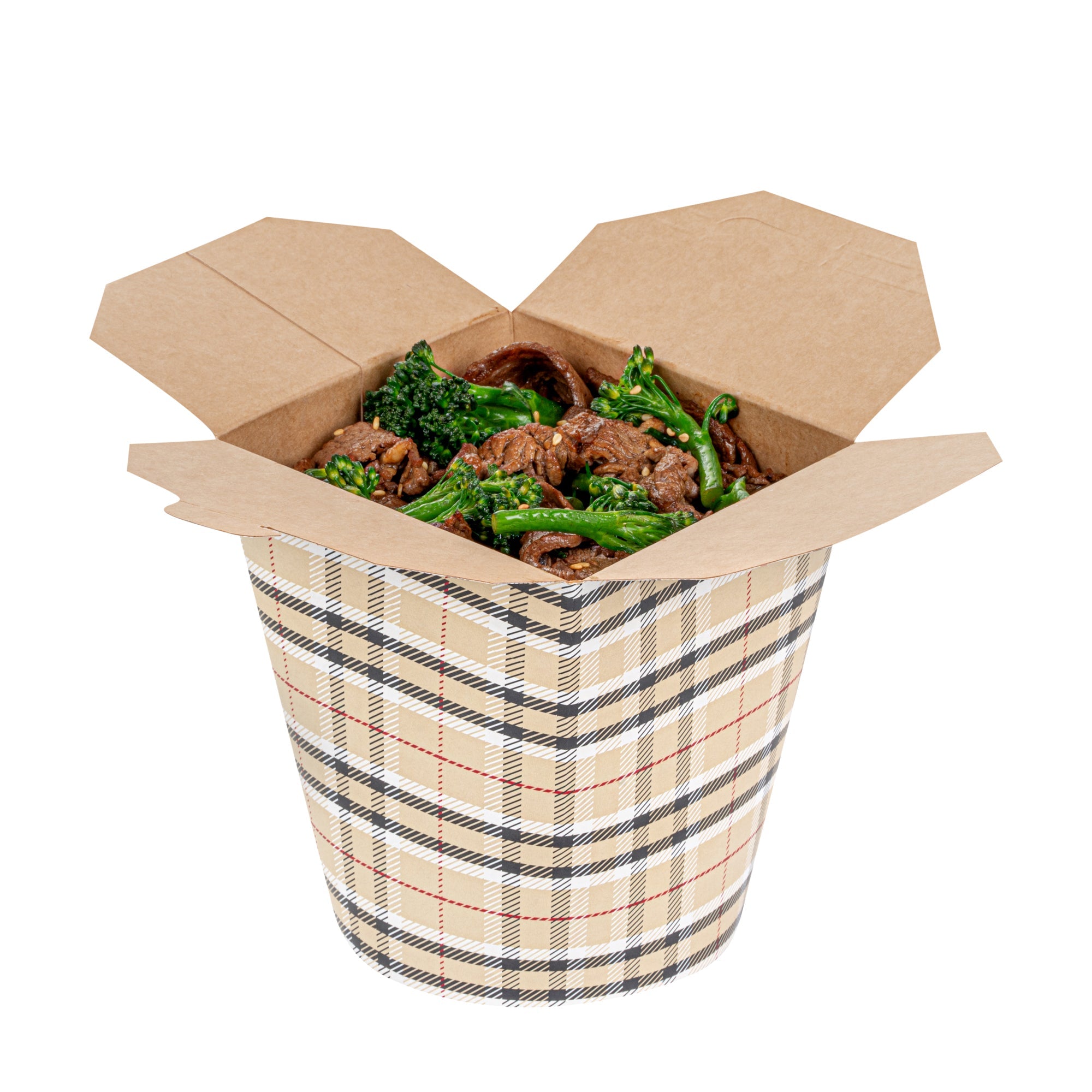 Bio Tek 32 oz Round Plaid Paper Noodle Take Out Container - 4" x 3 1/2" x 4 1/2" - 200 count box