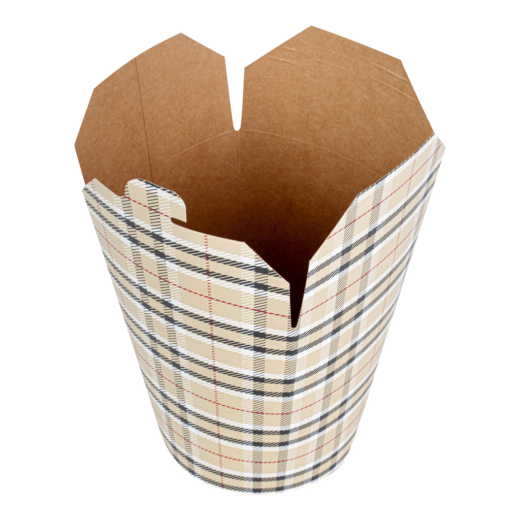 Bio Tek 32 oz Round Plaid Paper Noodle Take Out Container - 4" x 3 1/2" x 4 1/2" - 200 count box