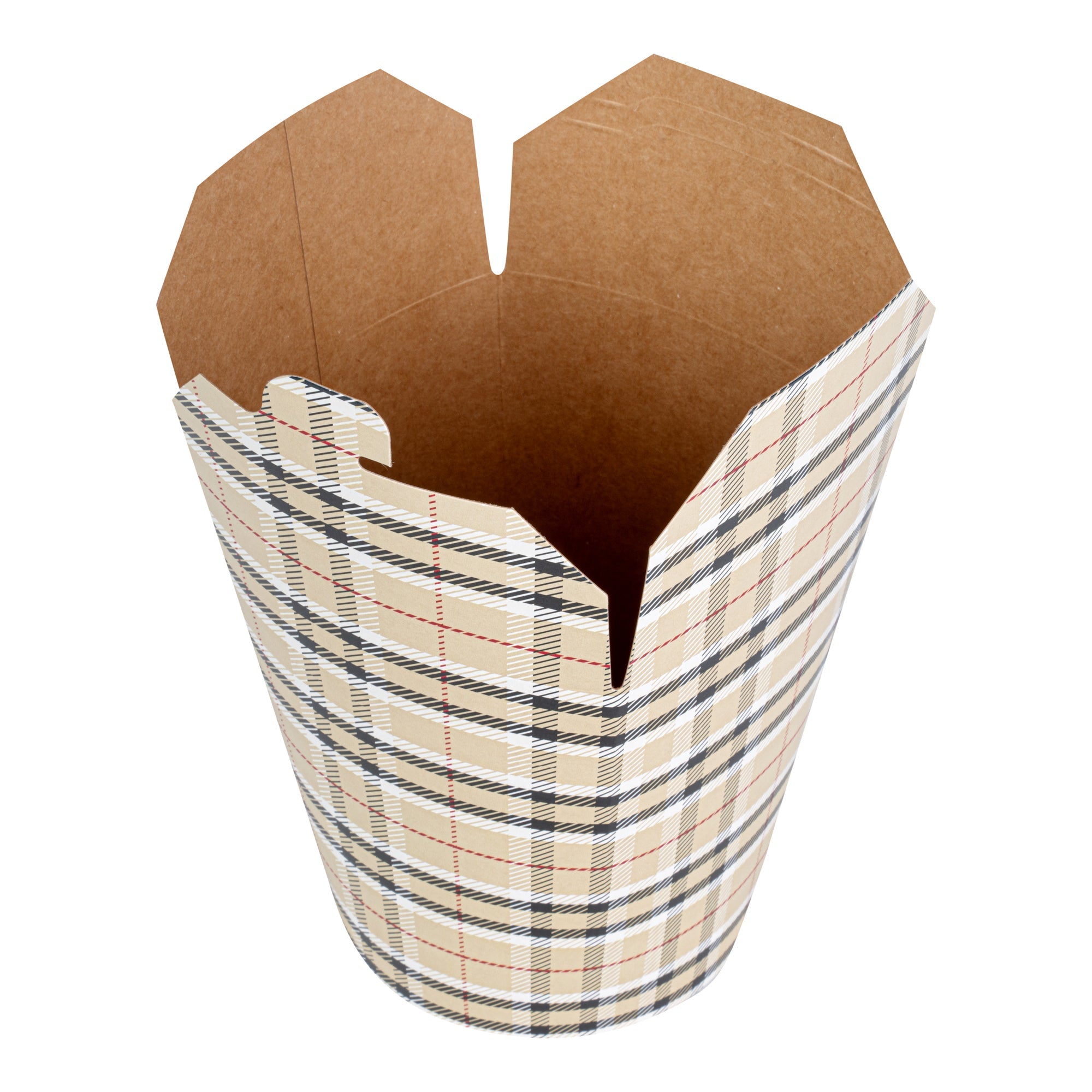 Bio Tek 32 oz Round Plaid Paper Noodle Take Out Container - 4" x 3 1/2" x 4 1/2" - 200 count box