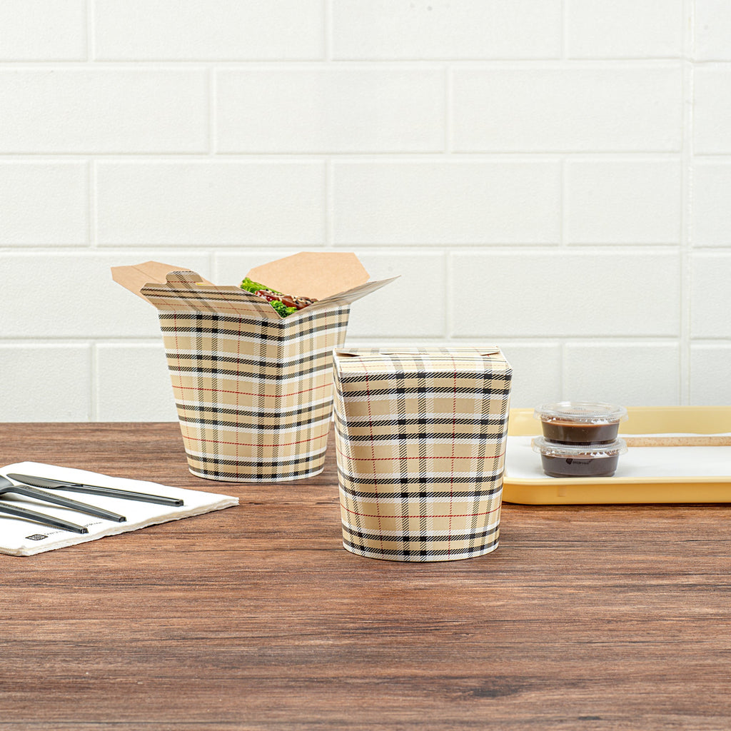 Bio Tek 32 oz Round Plaid Paper Noodle Take Out Container - 4" x 3 1/2" x 4 1/2" - 200 count box