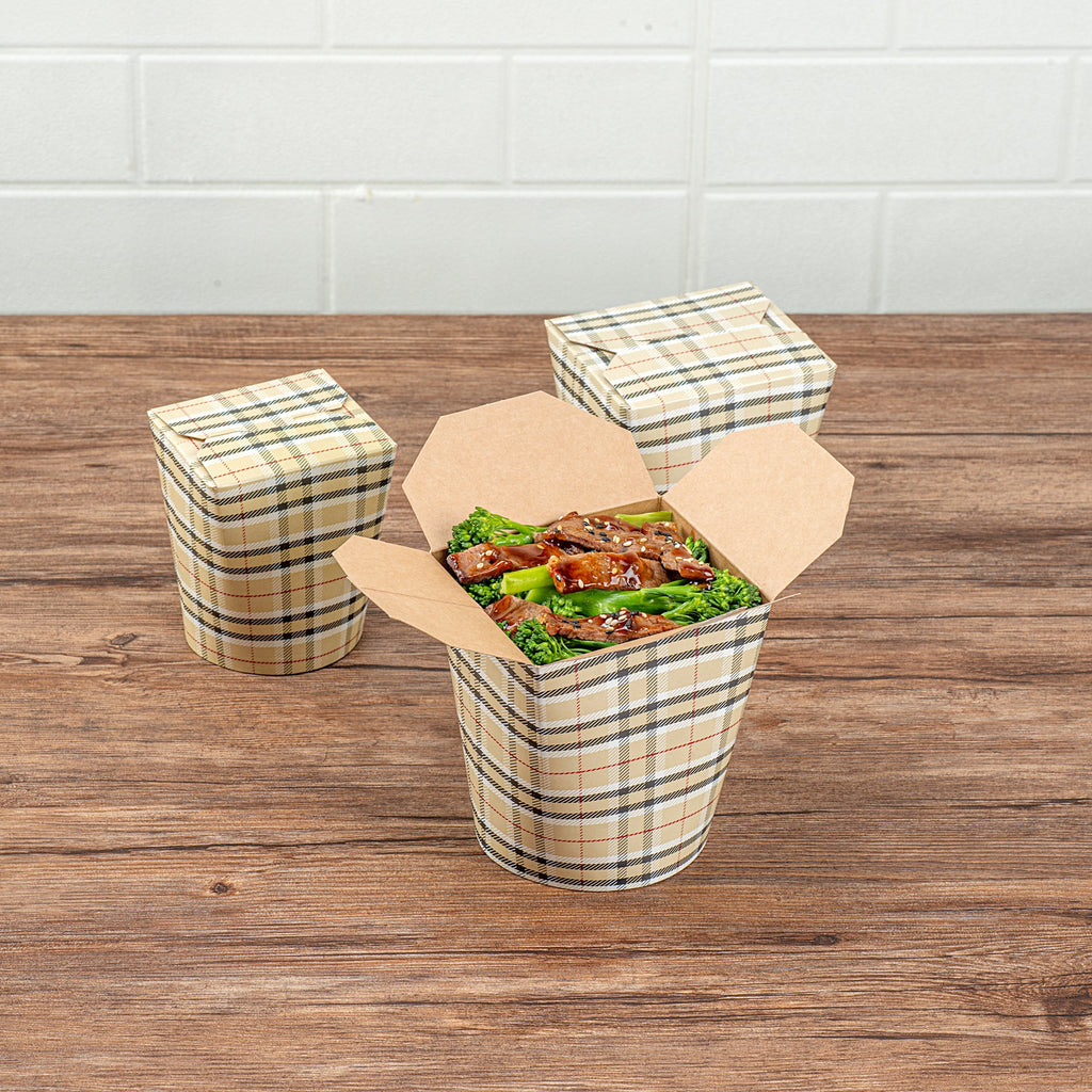 Bio Tek 32 oz Round Plaid Paper Noodle Take Out Container - 4" x 3 1/2" x 4 1/2" - 200 count box