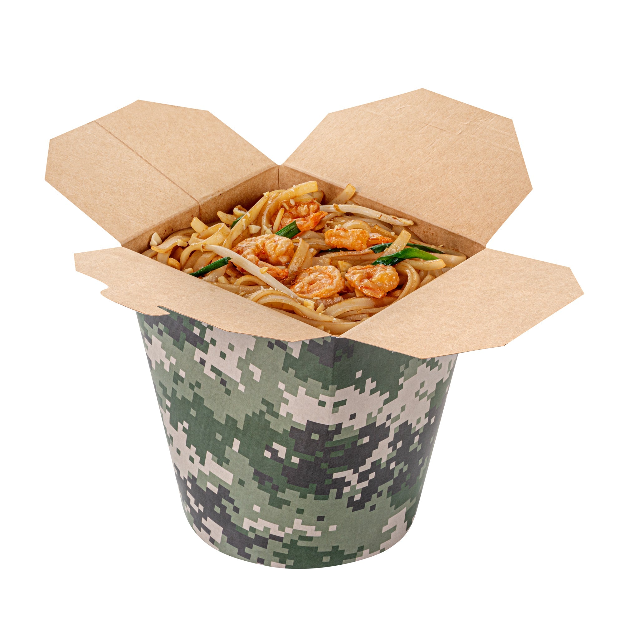Bio Tek 32 oz Round Camouflage Paper Noodle Take Out Container - 4" x 3 1/2" x 4 1/2" - 50 count box