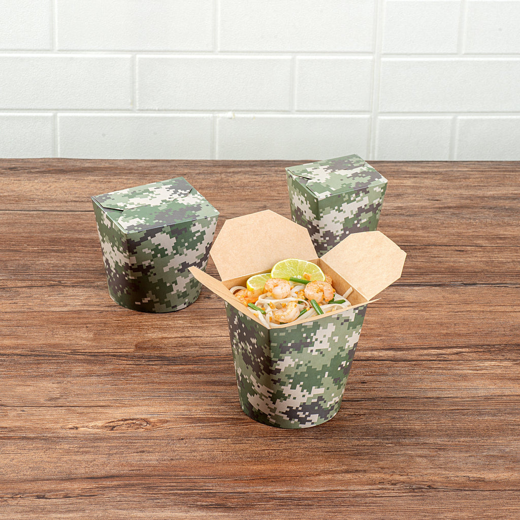 Bio Tek 32 oz Round Camouflage Paper Noodle Take Out Container - 4" x 3 1/2" x 4 1/2" - 50 count box