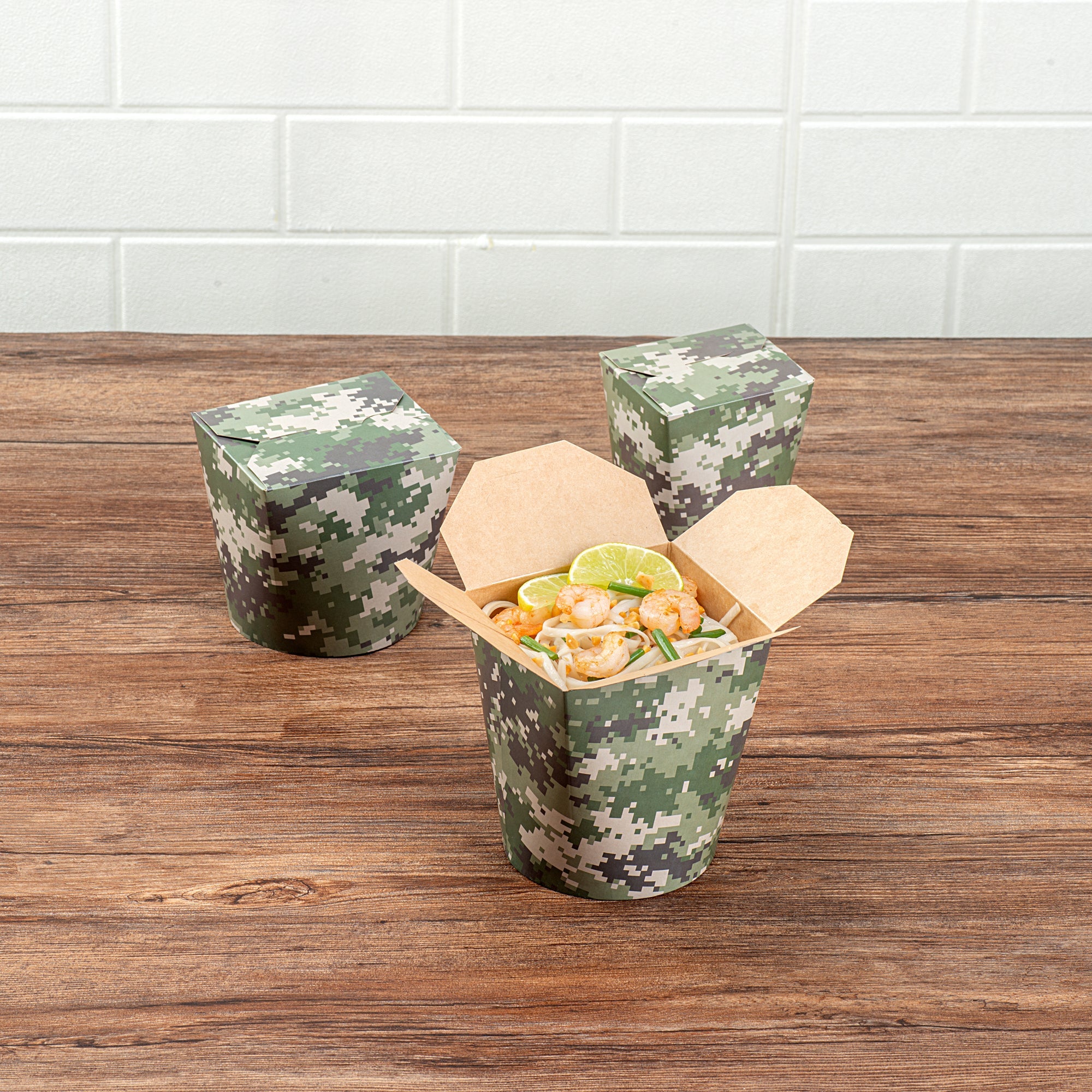 Bio Tek 32 oz Round Camouflage Paper Noodle Take Out Container - 4" x 3 1/2" x 4 1/2" - 50 count box