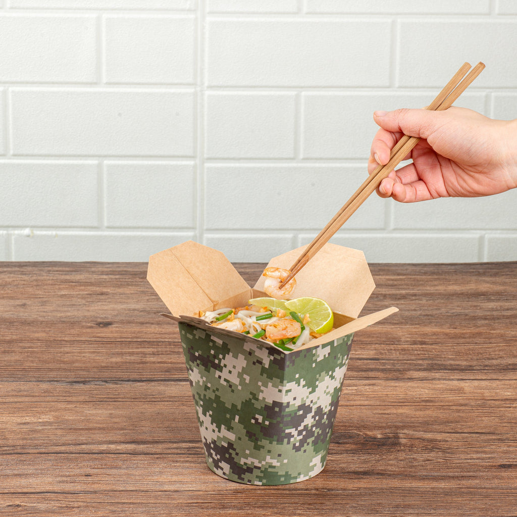 Bio Tek 32 oz Round Camouflage Paper Noodle Take Out Container - 4" x 3 1/2" x 4 1/2" - 200 count box