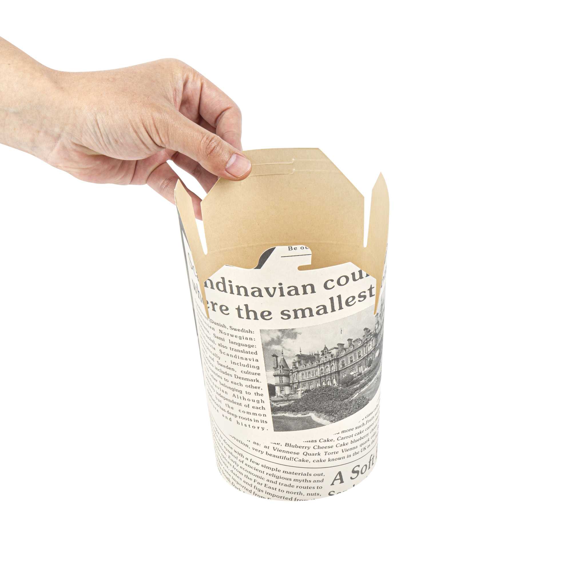 Bio Tek 32 oz Round Newsprint Paper Noodle Take Out Container - 4" x 3 1/2" x 4 1/2" - 50 count box