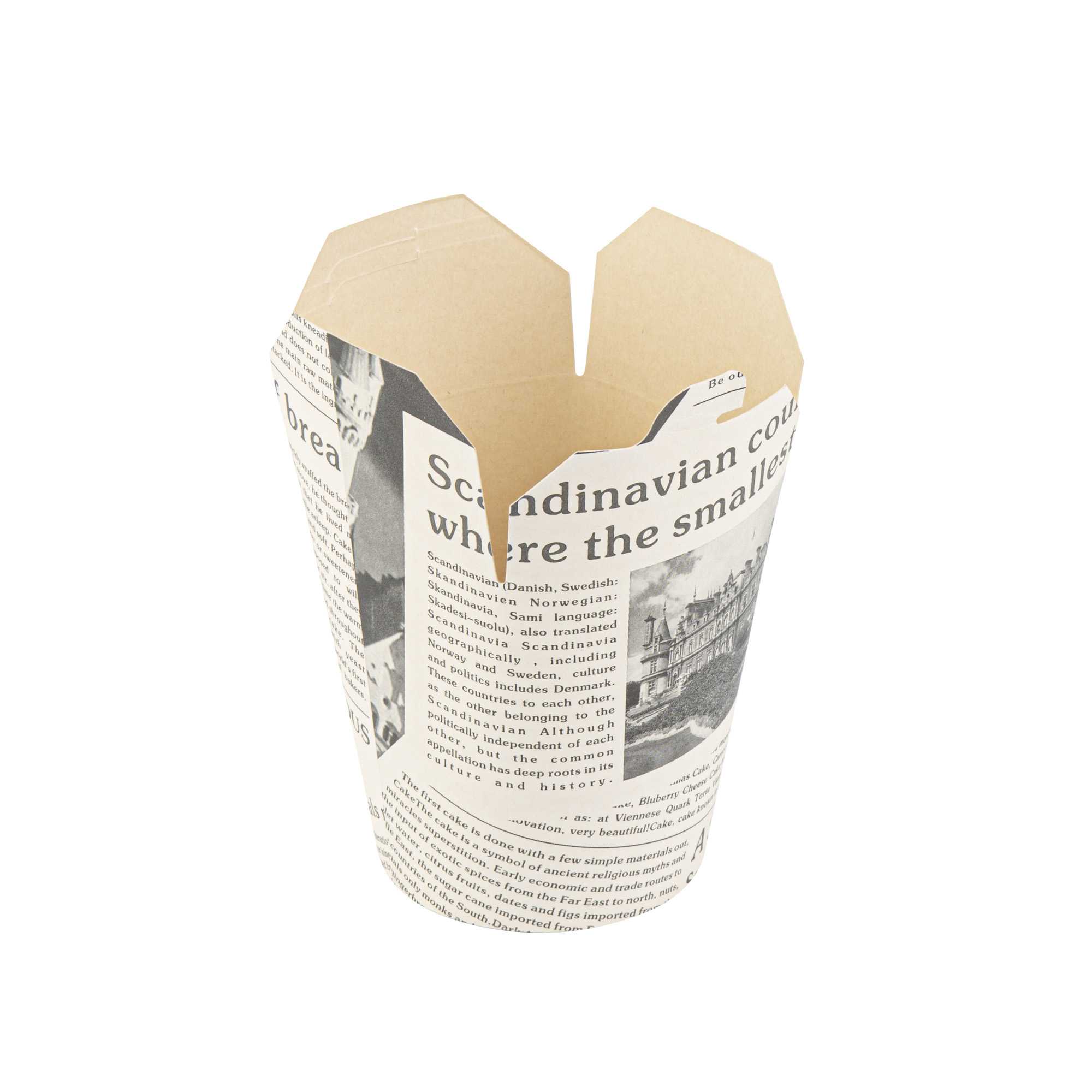 Bio Tek 32 oz Round Newsprint Paper Noodle Take Out Container - 4" x 3 1/2" x 4 1/2" - 50 count box