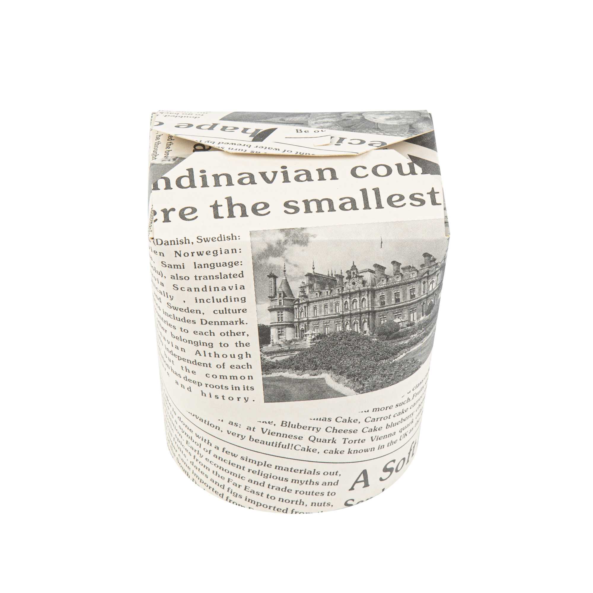 Bio Tek 32 oz Round Newsprint Paper Noodle Take Out Container - 4" x 3 1/2" x 4 1/2" - 50 count box