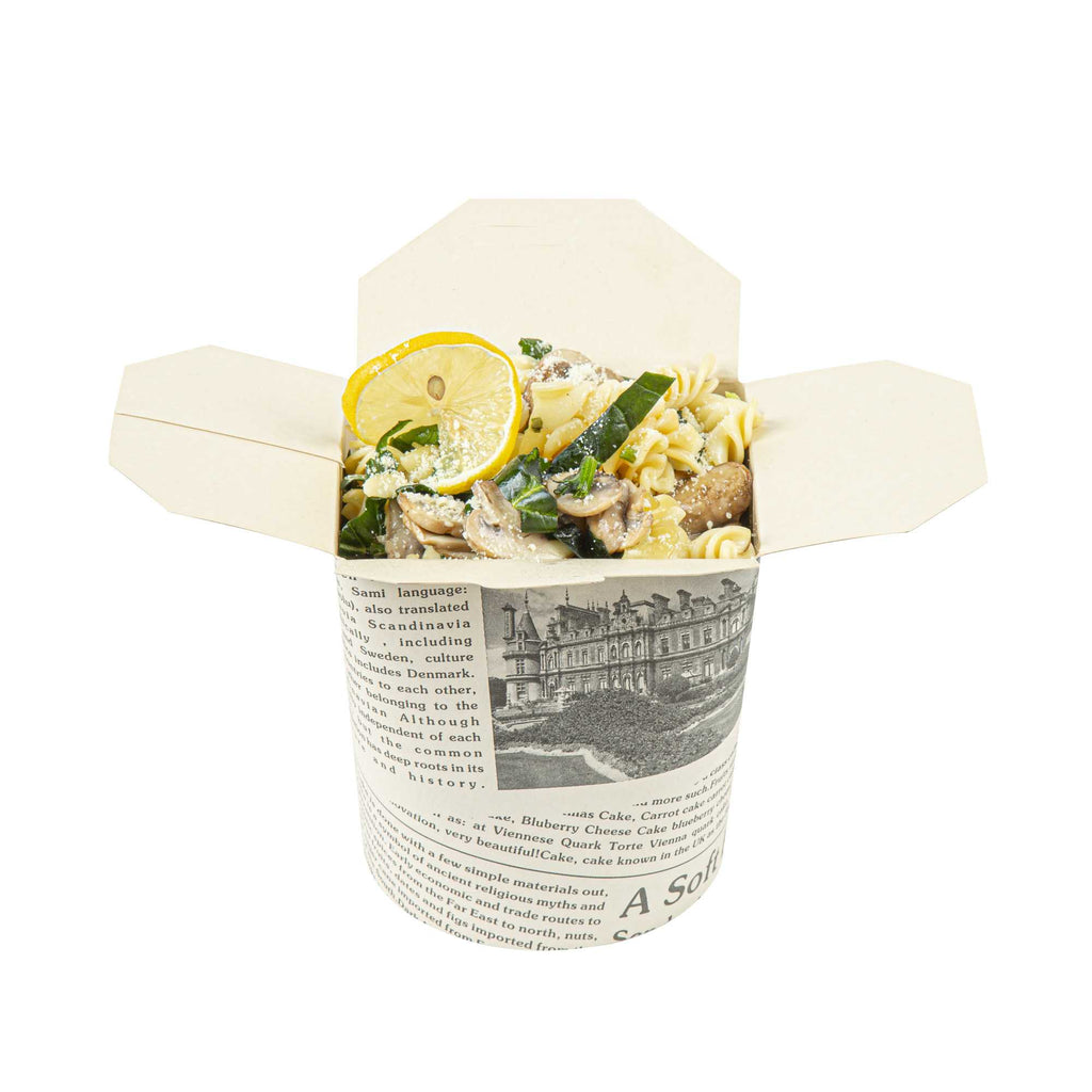 Bio Tek 32 oz Round Newsprint Paper Noodle Take Out Container - 4" x 3 1/2" x 4 1/2" - 200 count box