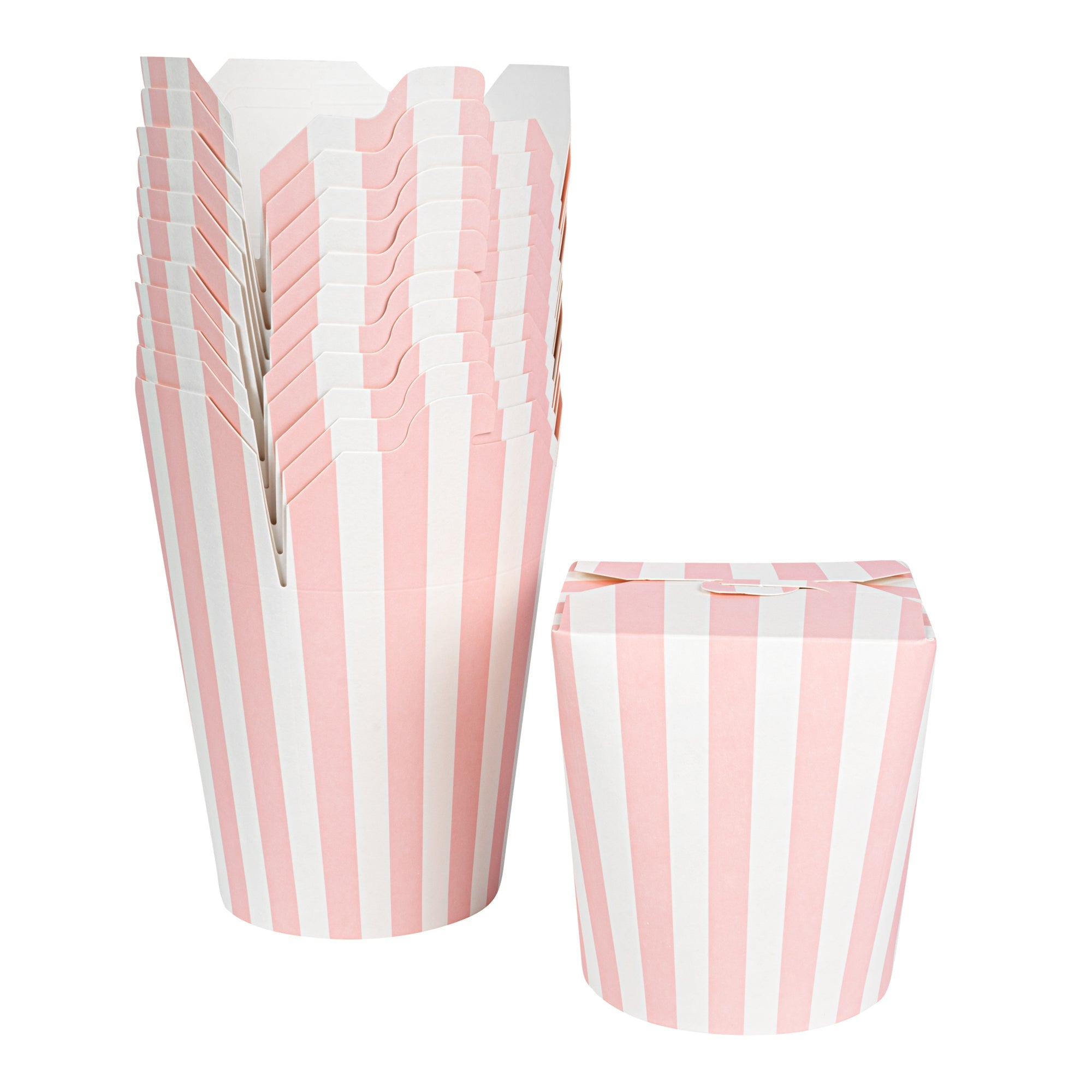Bio Tek 32 oz Round Pink and White Stripe Paper Noodle Take Out Container - 4" x 3 1/2" x 4 1/2" - 50 count box