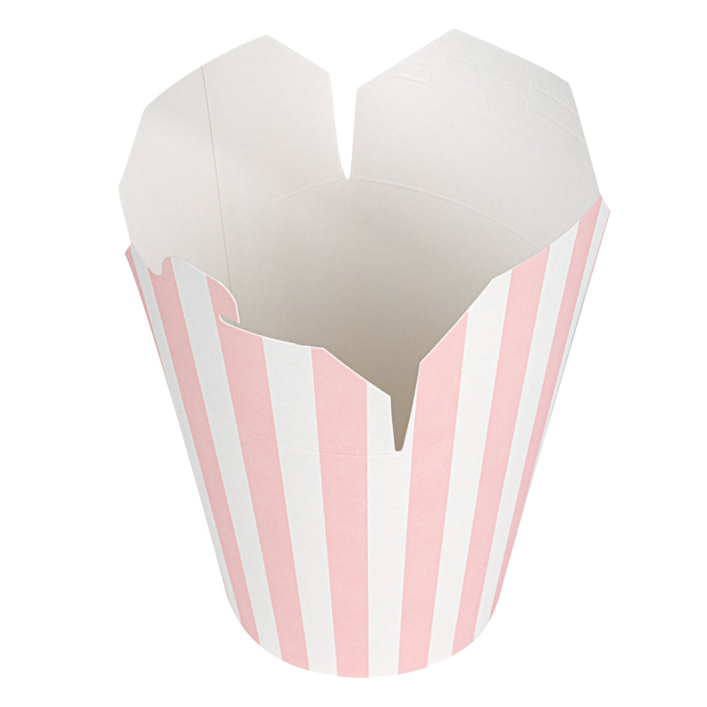 Bio Tek 32 oz Round Pink and White Stripe Paper Noodle Take Out Container - 4" x 3 1/2" x 4 1/2" - 50 count box