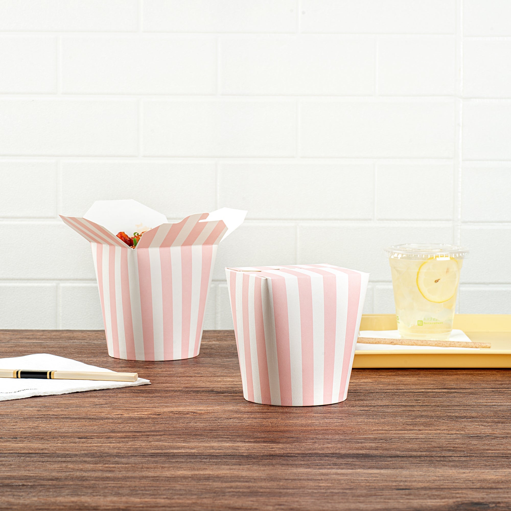 Bio Tek 32 oz Round Pink and White Stripe Paper Noodle Take Out Container - 4" x 3 1/2" x 4 1/2" - 50 count box