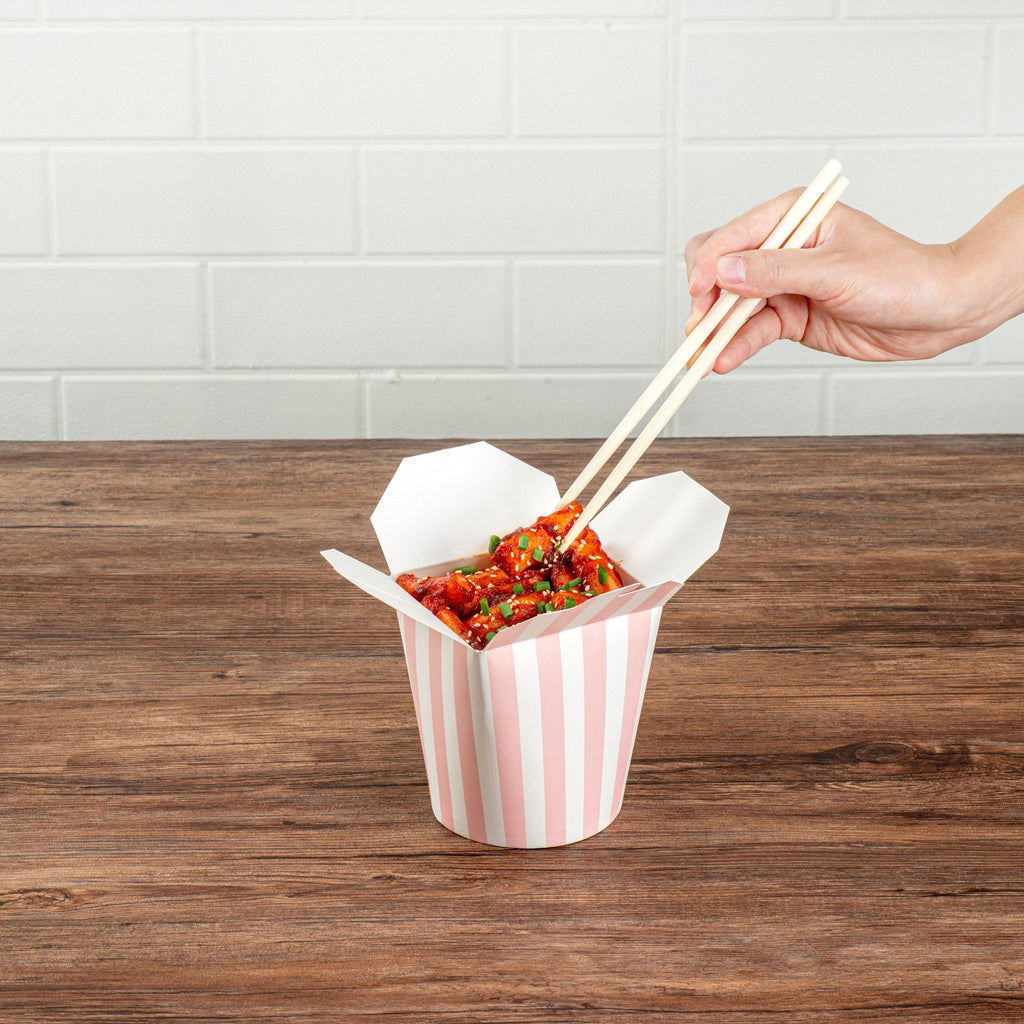 Bio Tek 32 oz Round Pink and White Stripe Paper Noodle Take Out Container - 4" x 3 1/2" x 4 1/2" - 50 count box