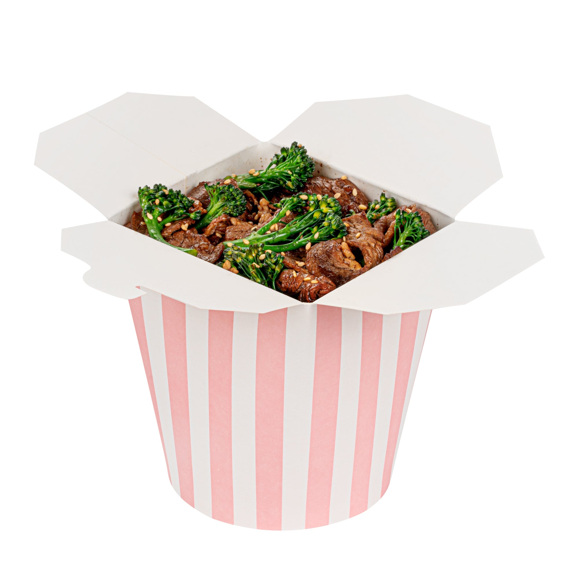 Bio Tek 32 oz Round Pink and White Stripe Paper Noodle Take Out Container - 4" x 3 1/2" x 4 1/2" - 200 count box