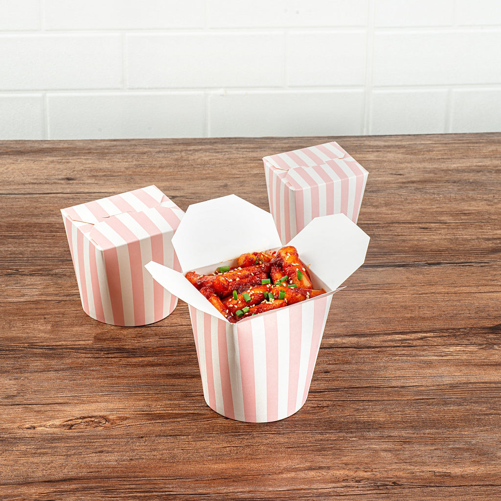 Bio Tek 32 oz Round Pink and White Stripe Paper Noodle Take Out Container - 4" x 3 1/2" x 4 1/2" - 200 count box