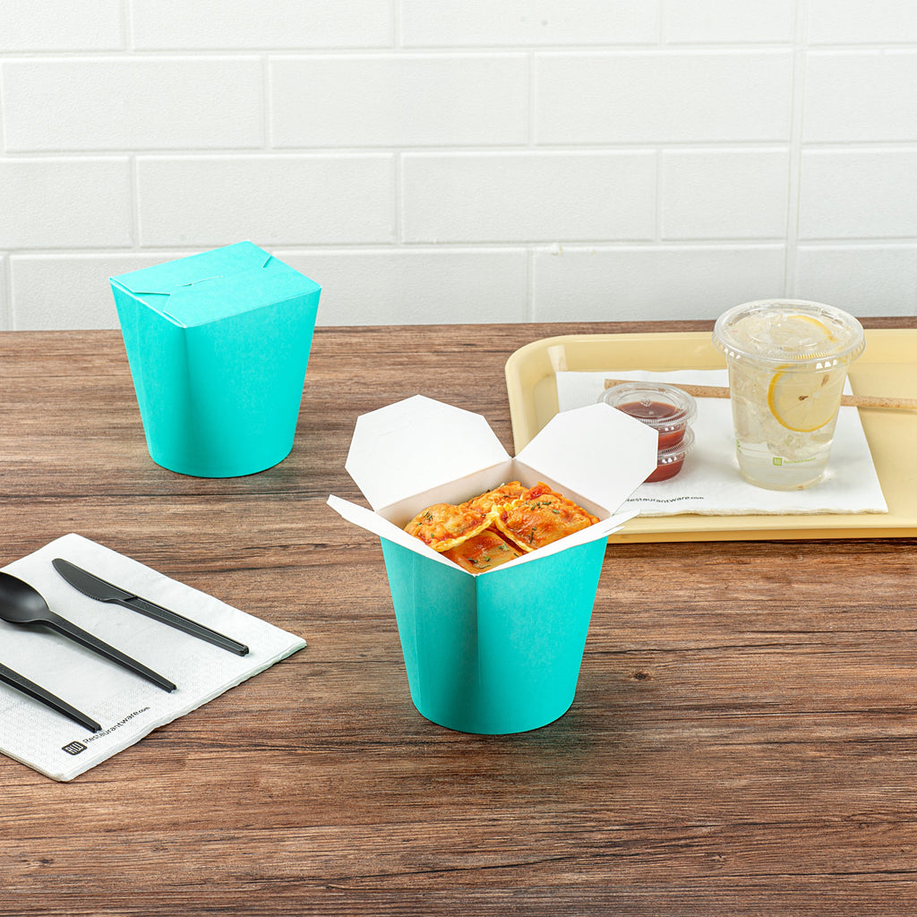 Bio Tek 32 oz Round Turquoise Paper Noodle Take Out Container - 4" x 3 1/2" x 4 1/2" - 50 count box