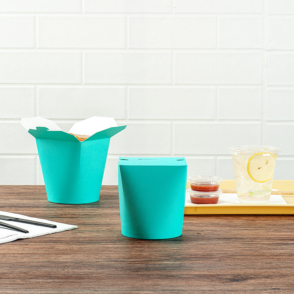 Bio Tek 32 oz Round Turquoise Paper Noodle Take Out Container - 4" x 3 1/2" x 4 1/2" - 200 count box