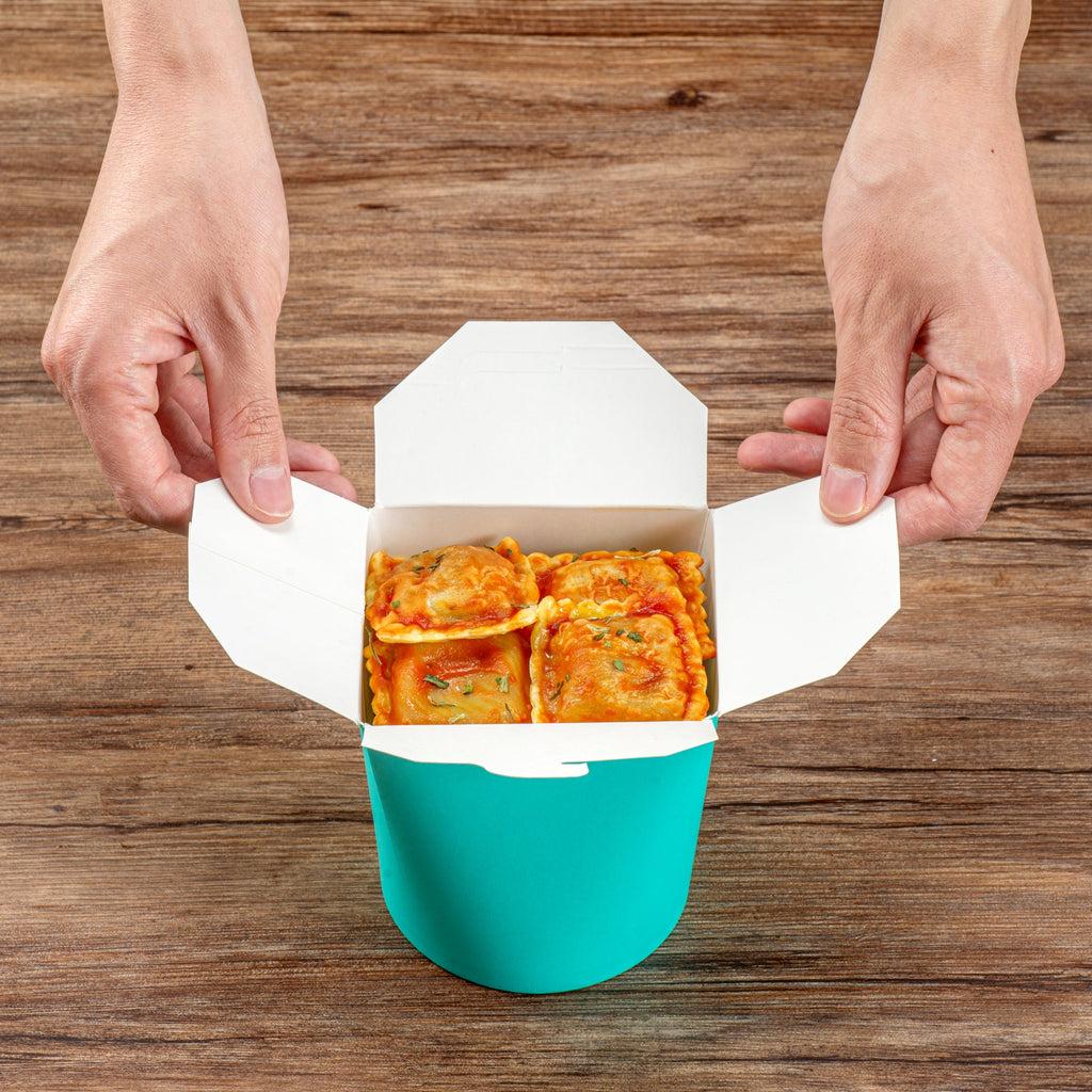 Bio Tek 32 oz Round Turquoise Paper Noodle Take Out Container - 4" x 3 1/2" x 4 1/2" - 200 count box