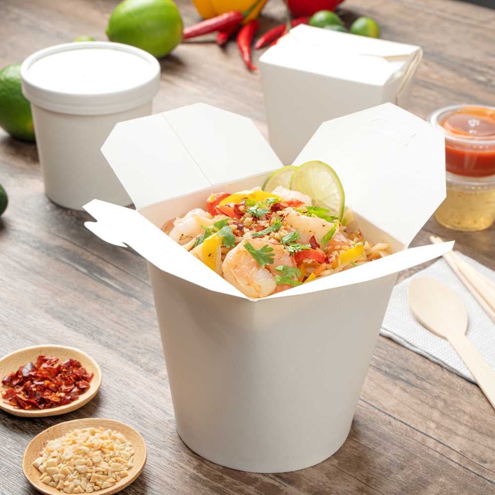 Bio Tek 32 oz Round White Paper Noodle Take Out Container - 4" x 3 1/2" x 4 1/2" - 50 count box