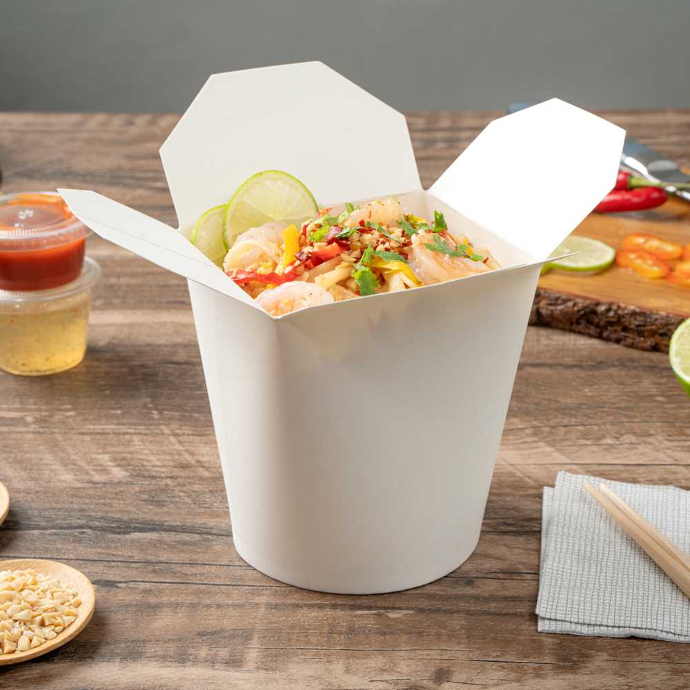 Bio Tek 32 oz Round White Paper Noodle Take Out Container - 4" x 3 1/2" x 4 1/2" - 50 count box
