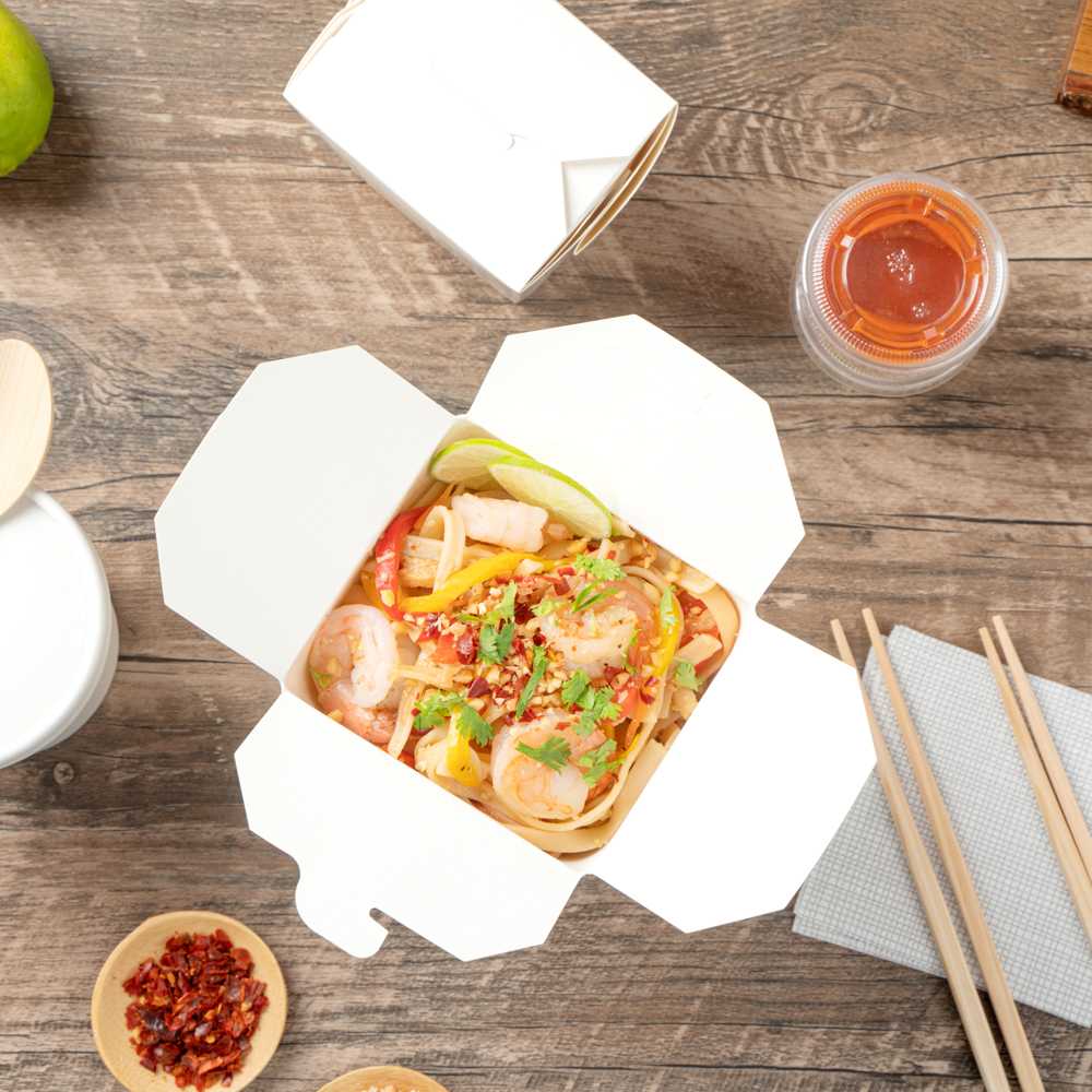 Bio Tek 32 oz Round White Paper Noodle Take Out Container - 4" x 3 1/2" x 4 1/2" - 50 count box