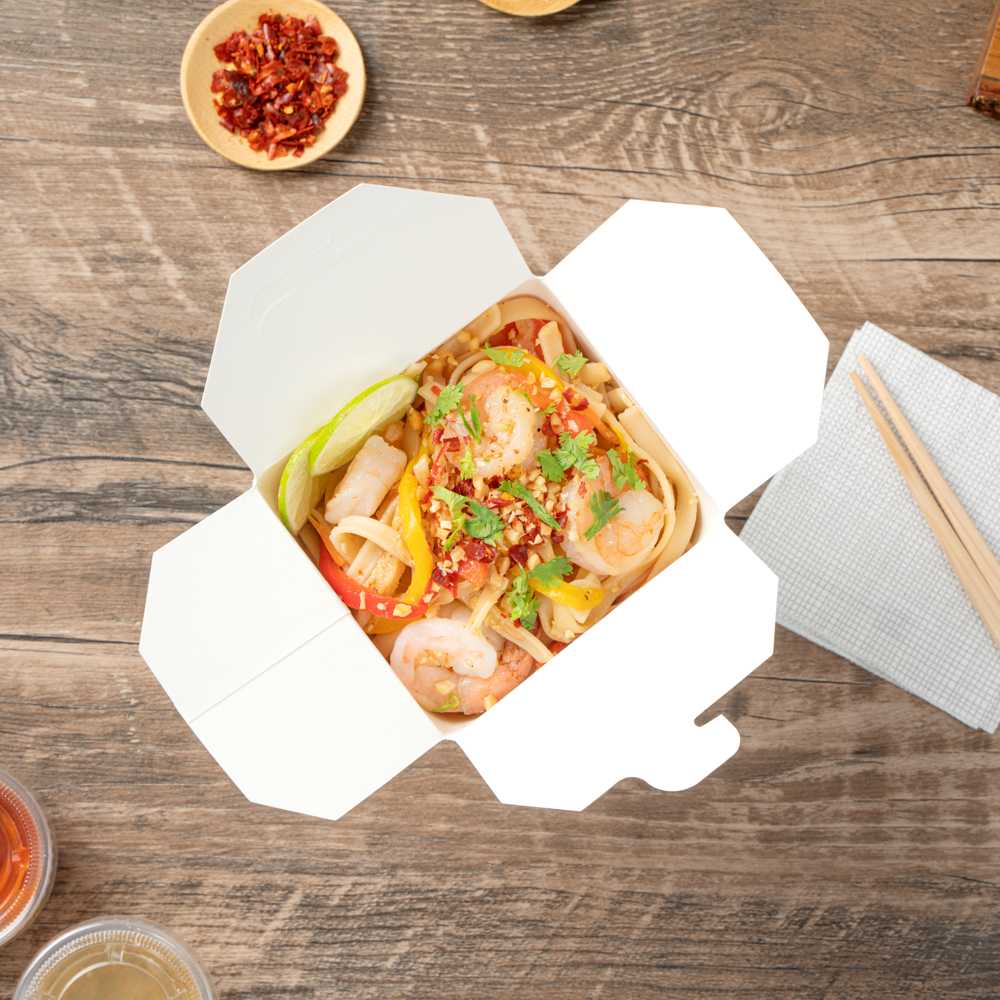 Bio Tek 32 oz Round White Paper Noodle Take Out Container - 4" x 3 1/2" x 4 1/2" - 50 count box