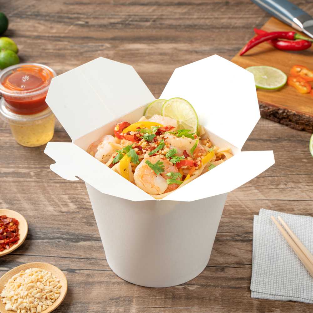 Bio Tek 32 oz Round White Paper Noodle Take Out Container - 4" x 3 1/2" x 4 1/2" - 200 count box