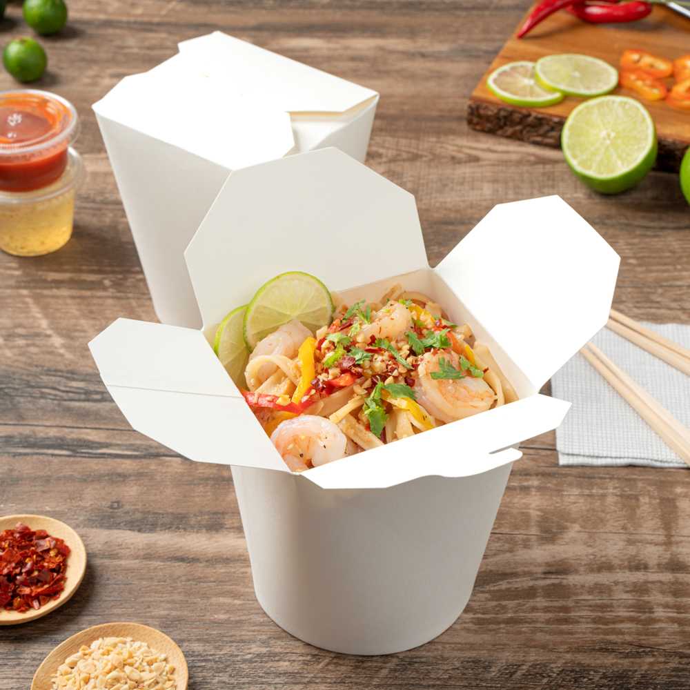 Bio Tek 32 oz Round White Paper Noodle Take Out Container - 4" x 3 1/2" x 4 1/2" - 200 count box