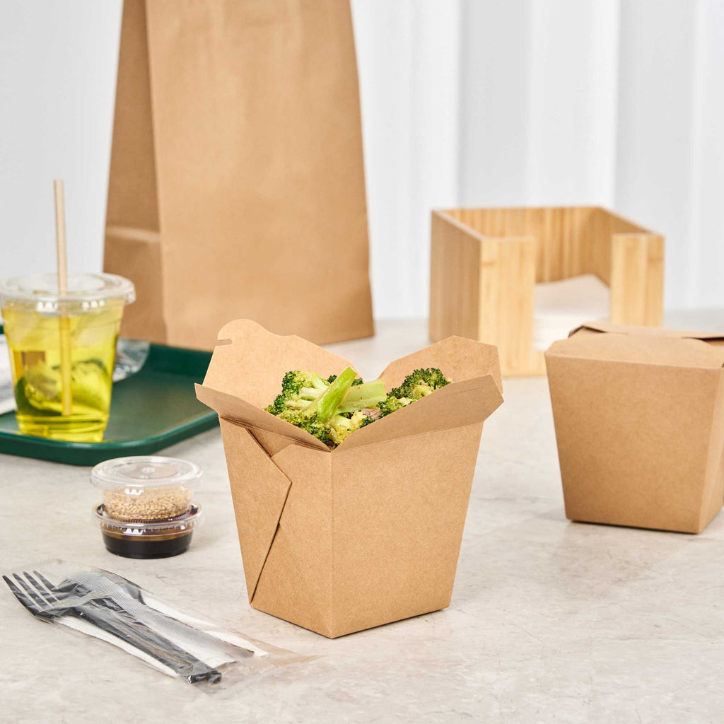 Bio Tek 26 oz Square Kraft Paper Noodle Take Out Container - 4" x 3 1/2" x 4" - 25 count box