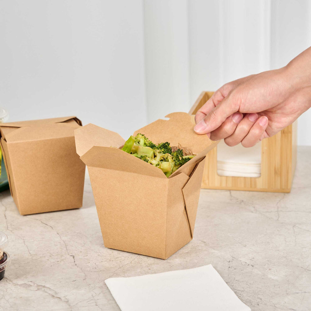 Bio Tek 26 oz Square Kraft Paper Noodle Take Out Container - 4" x 3 1/2" x 4" - 50 count box