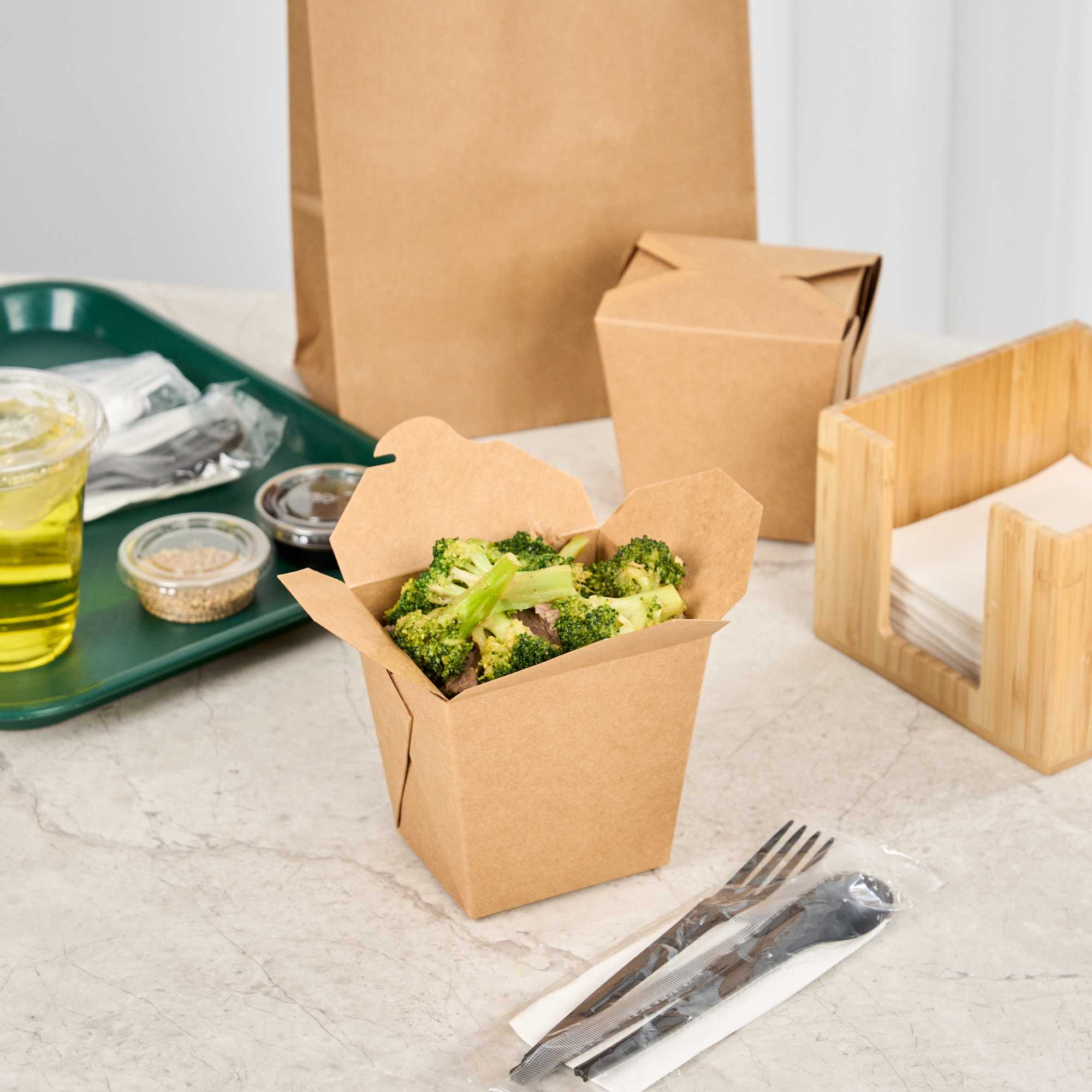 Bio Tek 26 oz Square Kraft Paper Noodle Take Out Container - 4" x 3 1/2" x 4" - 50 count box