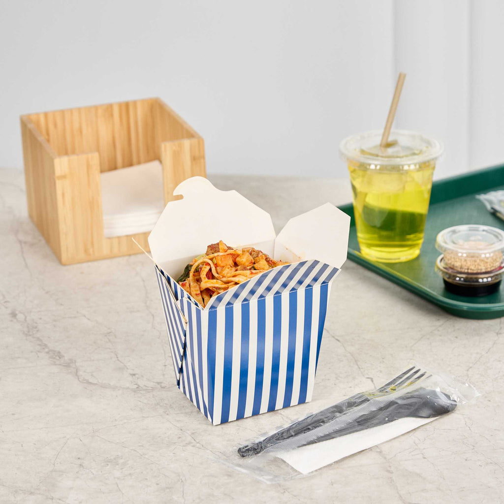 Bio Tek 26 oz Square Blue and White Stripe Paper Noodle Take Out Container - 4" x 3 1/2" x 4" - 200 count box