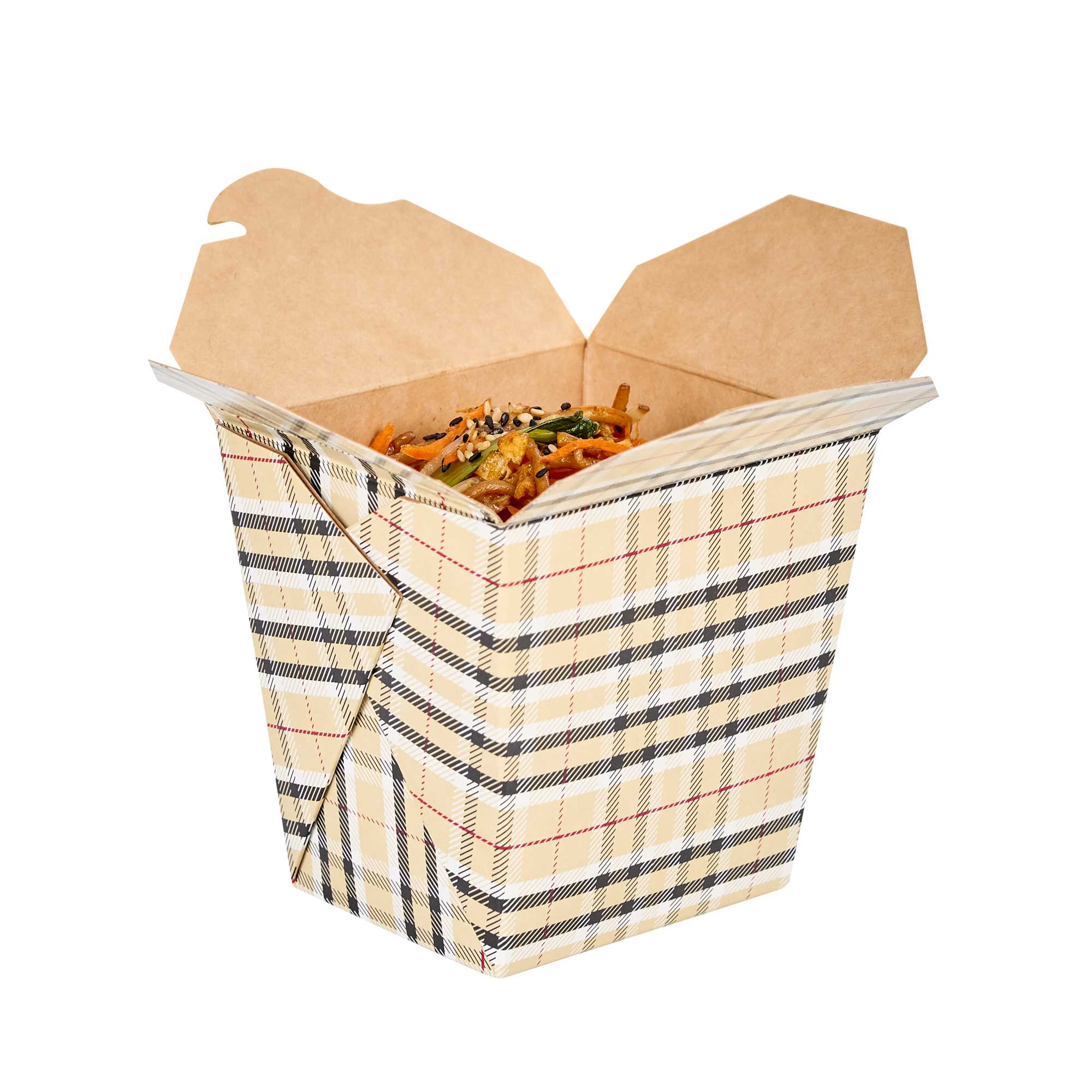 Bio Tek 26 oz Square Plaid Paper Noodle Take Out Container - 4" x 3 1/2" x 4" - 50 count box