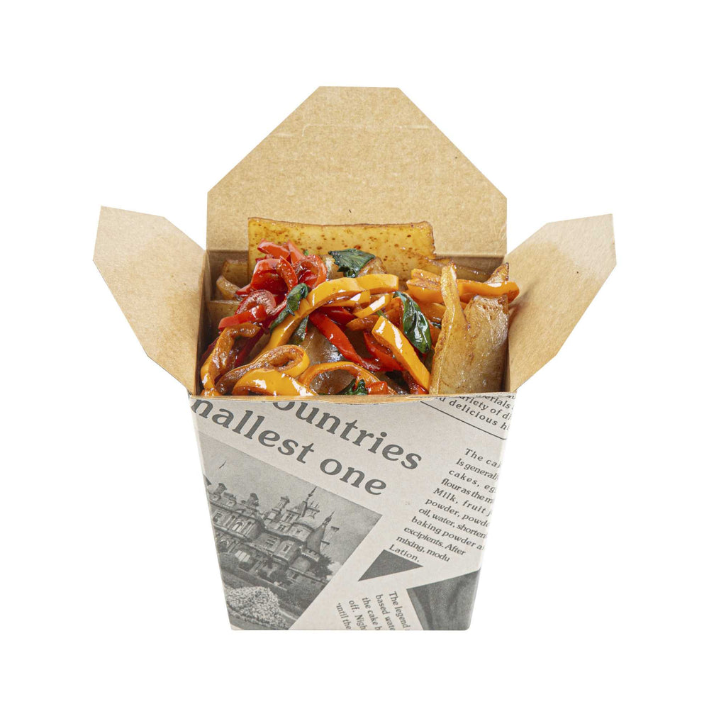 Bio Tek 26 oz Square Newsprint Paper Noodle Take Out Container - 4" x 3 1/2" x 4" - 25 count box