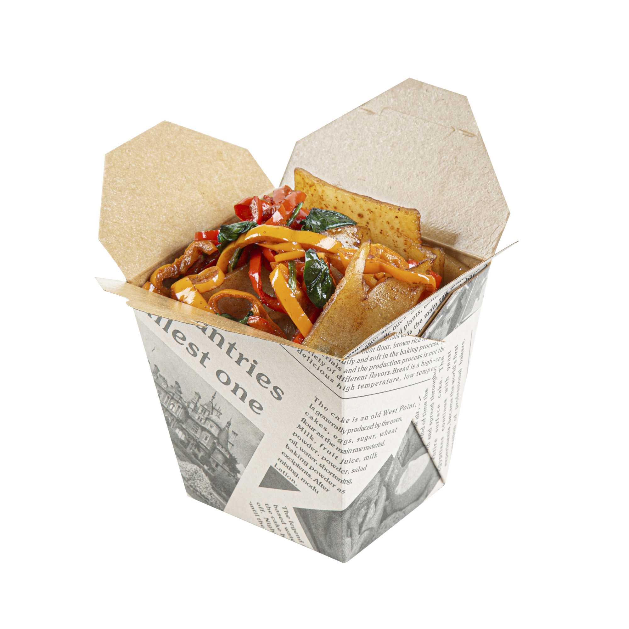 Bio Tek 26 oz Square Newsprint Paper Noodle Take Out Container - 4" x 3 1/2" x 4" - 25 count box