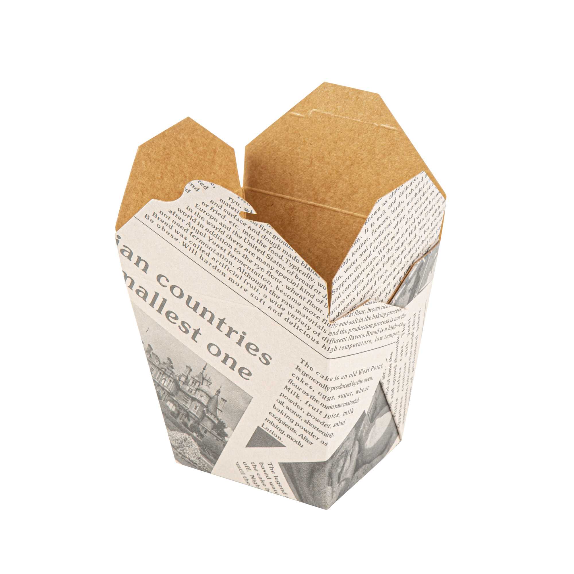 Bio Tek 26 oz Square Newsprint Paper Noodle Take Out Container - 4" x 3 1/2" x 4" - 200 count box