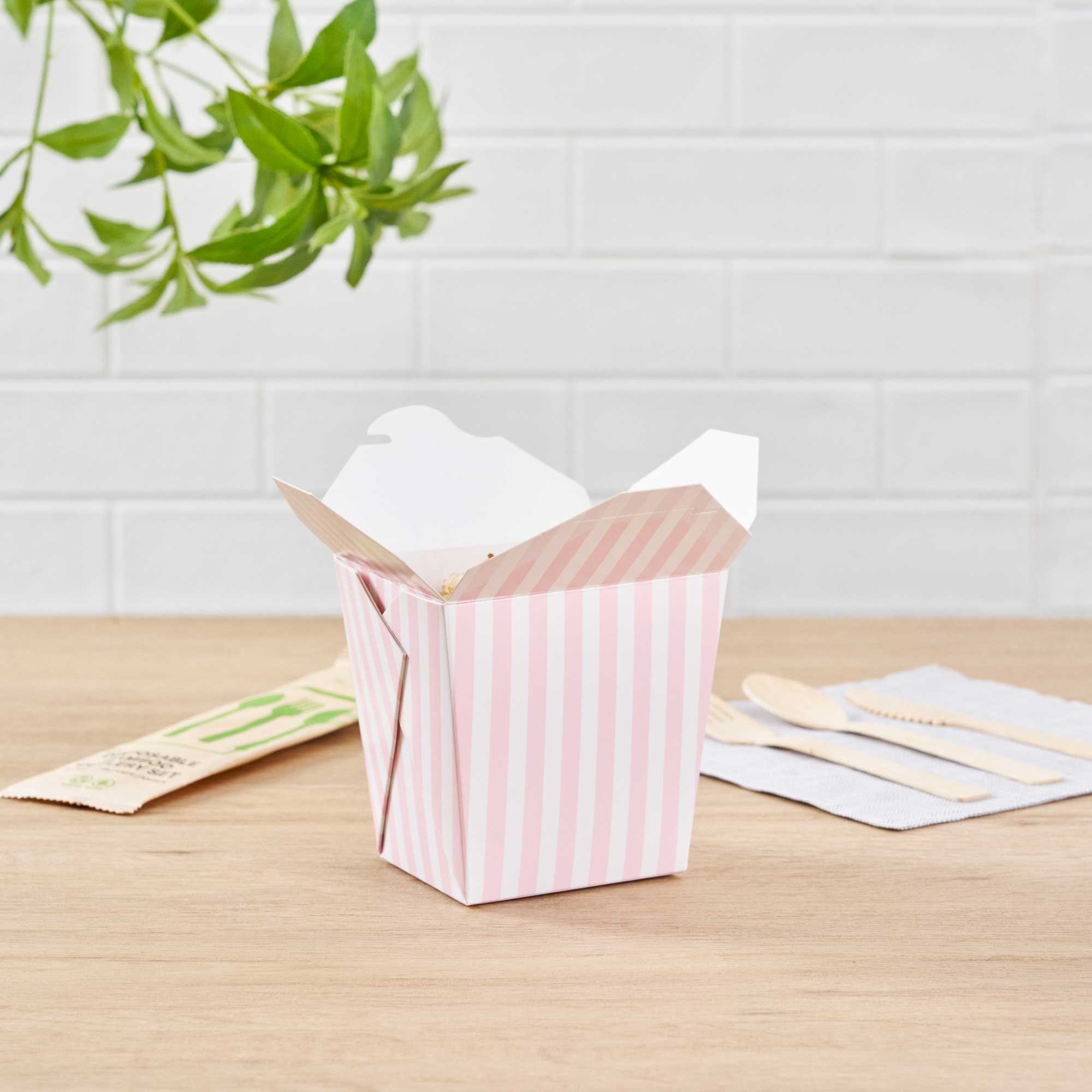 Bio Tek 26 oz Square Pink and White Stripe Paper Noodle Take Out Container - 4" x 3 1/2" x 4" - 200 count box
