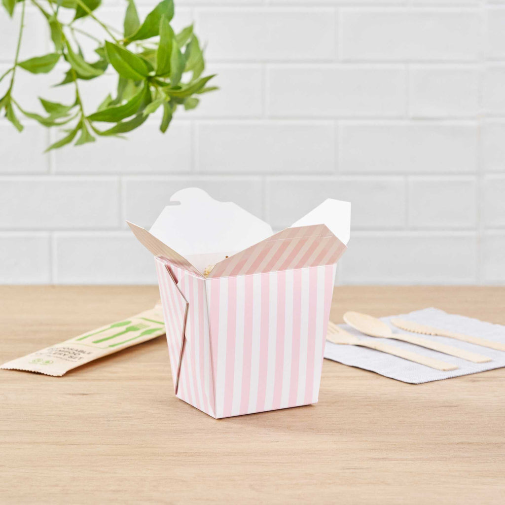 Bio Tek 26 oz Square Pink and White Stripe Paper Noodle Take Out Container - 4" x 3 1/2" x 4" - 50 count box