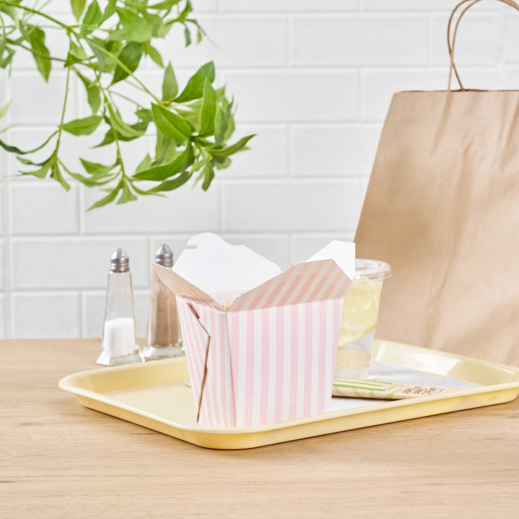 Bio Tek 26 oz Square Pink and White Stripe Paper Noodle Take Out Container - 4" x 3 1/2" x 4" - 200 count box