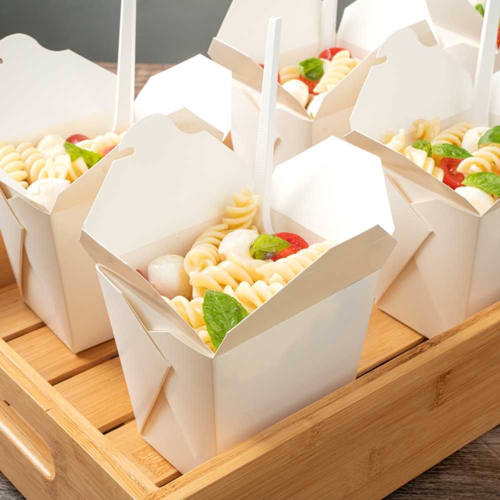 Bio Tek 26 oz Square White Paper Noodle Take Out Container - 4" x 3 1/2" x 4" - 50 count box