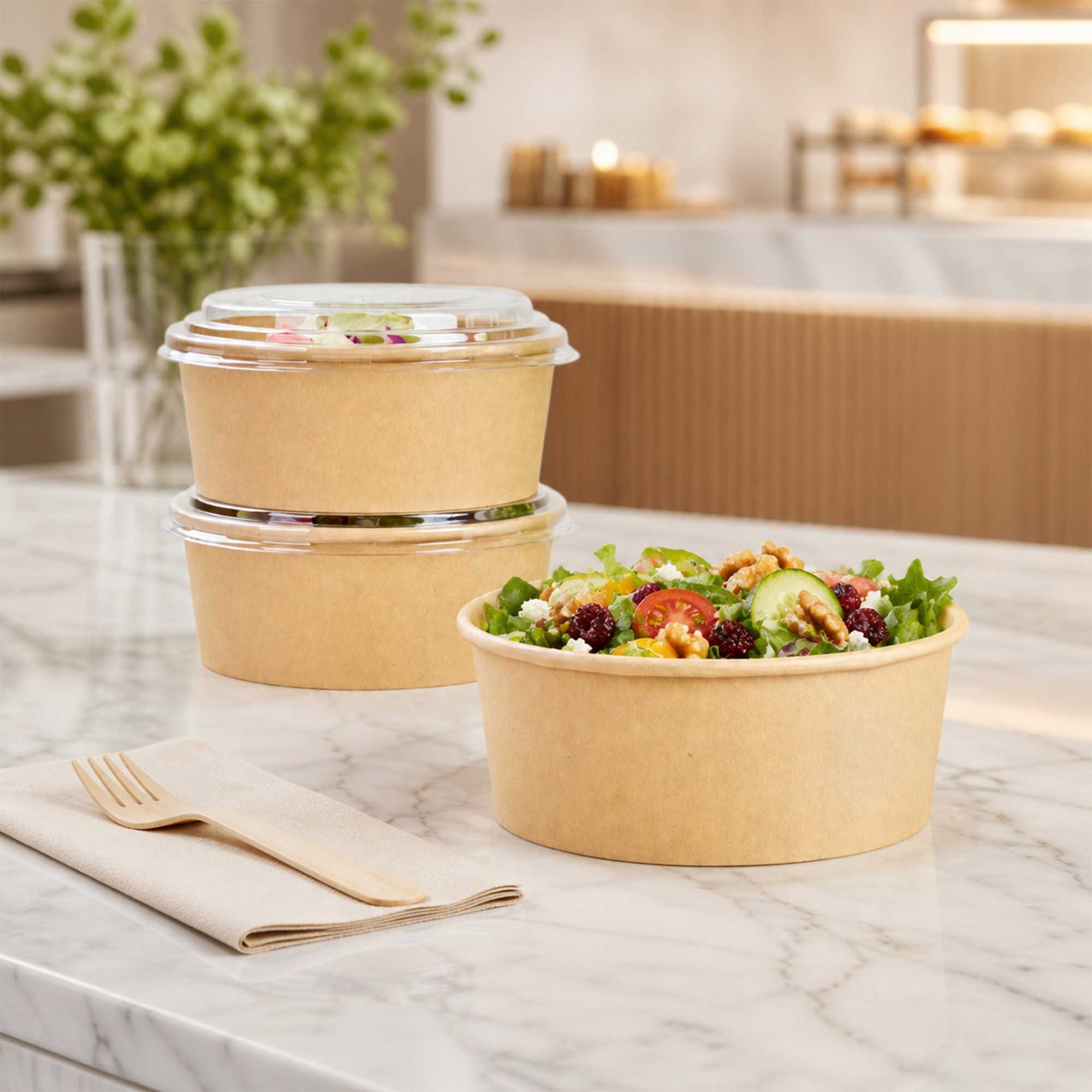 Bio Tek 25 oz Round Kraft Paper Take Out Container - 6" x 6" x 2 1/2" - 50 count box