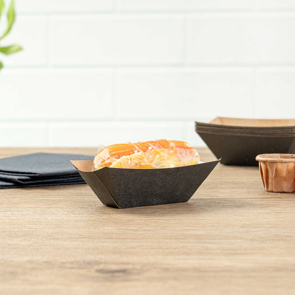 Bio Tek 2 oz Black Paper Food Tray / Boat - 3 1/4" x 2 1/4" x 1 1/4" - 400 count box