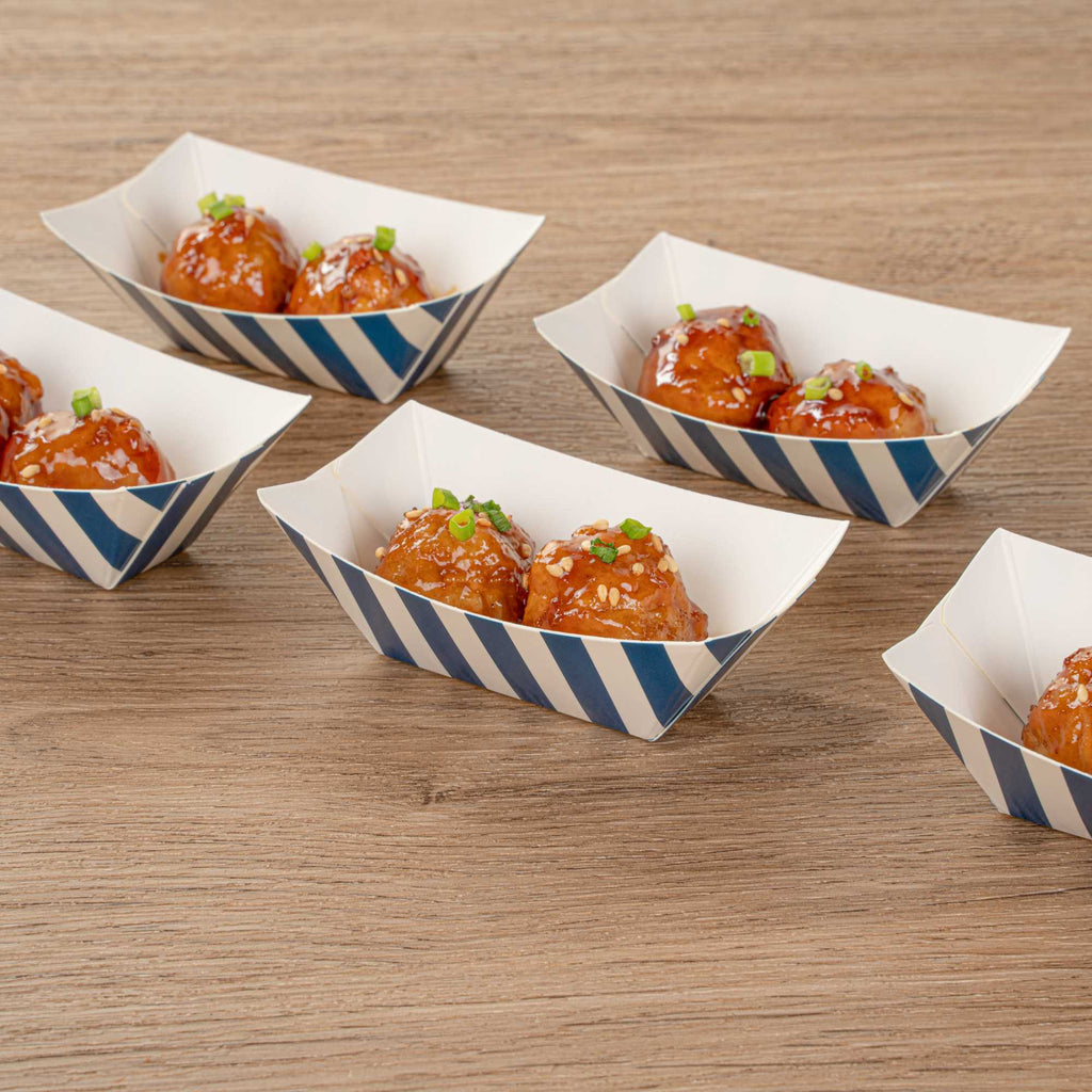 Bio Tek 2 oz Blue and White Stripe Paper Food Tray / Boat - 3 1/4" x 2 1/4" x 1 1/4" - 400 count box