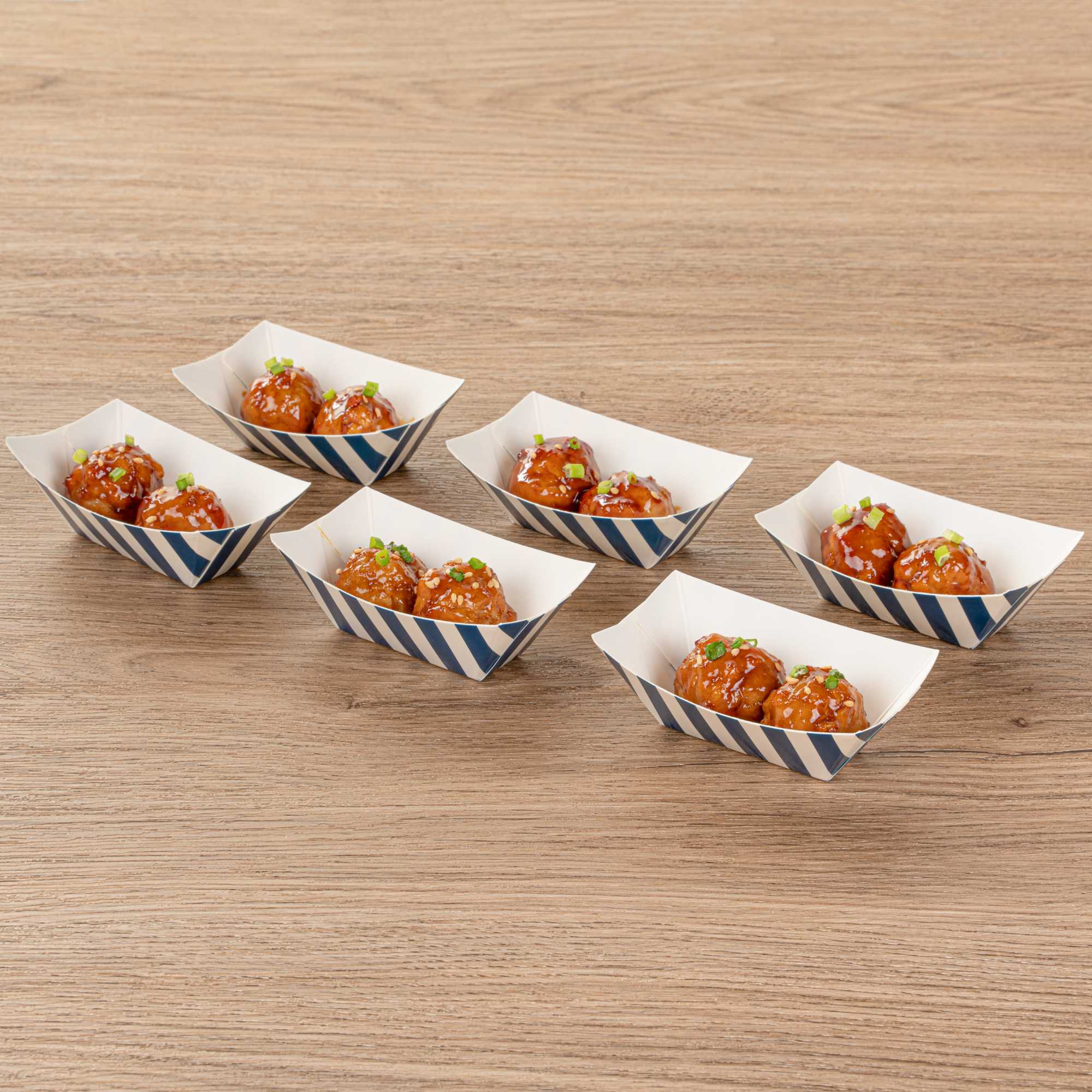 Bio Tek 2 oz Blue and White Stripe Paper Food Tray / Boat - 3 1/4" x 2 1/4" x 1 1/4" - 400 count box