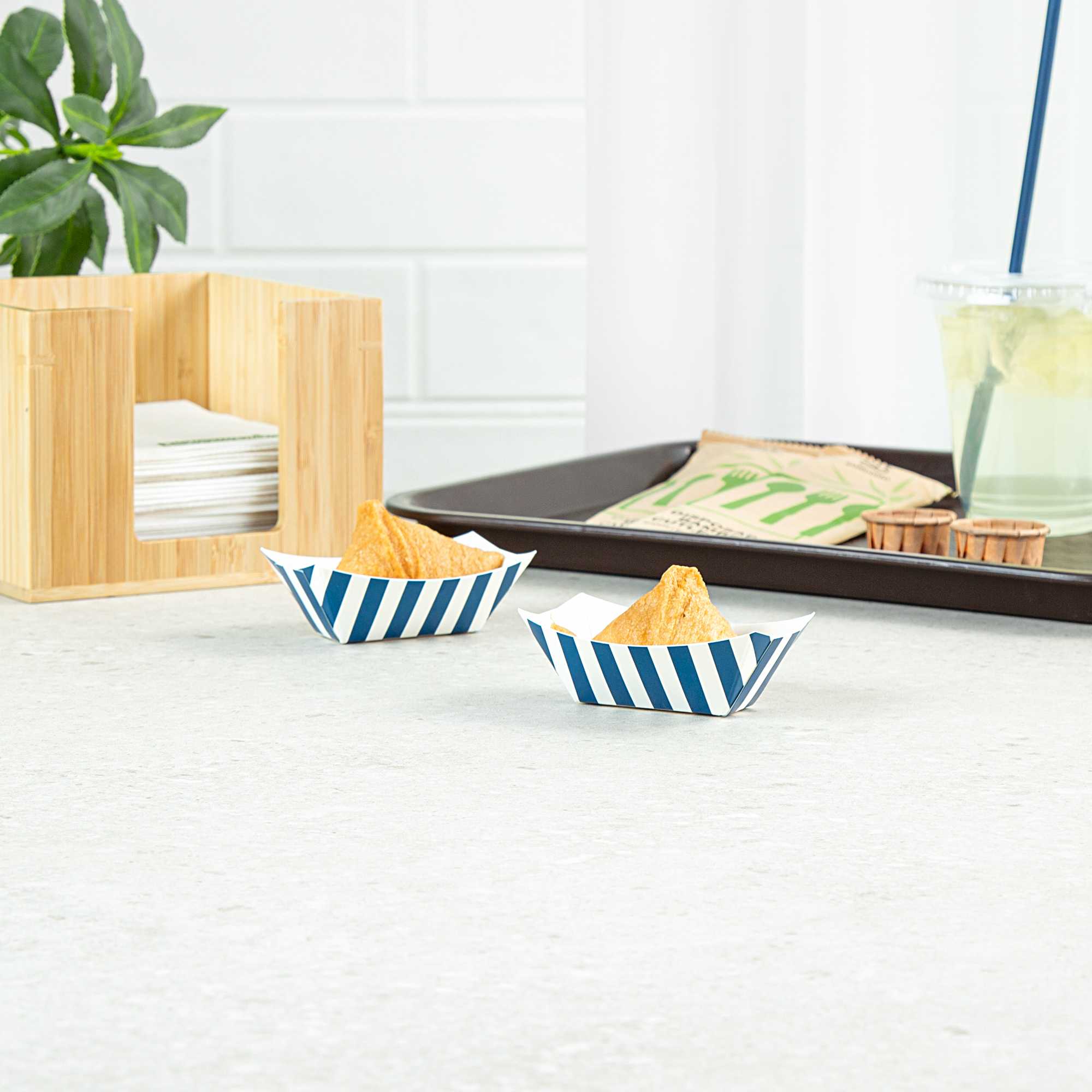 Bio Tek 2 oz Blue and White Stripe Paper Food Tray / Boat - 3 1/4" x 2 1/4" x 1 1/4" - 400 count box