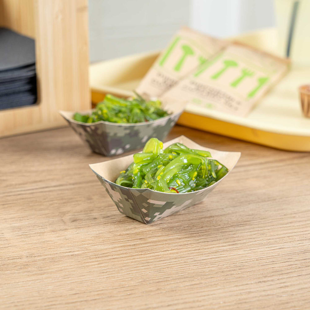 Bio Tek 2 oz Camouflage Paper Food Tray / Boat - 3 1/4" x 2 1/4" x 1 1/4" - 50 count box