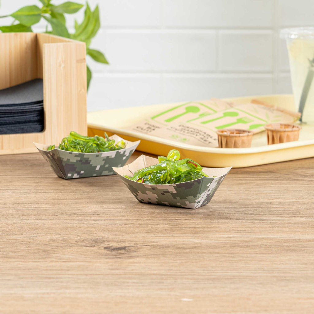 Bio Tek 2 oz Camouflage Paper Food Tray / Boat - 3 1/4" x 2 1/4" x 1 1/4" - 50 count box