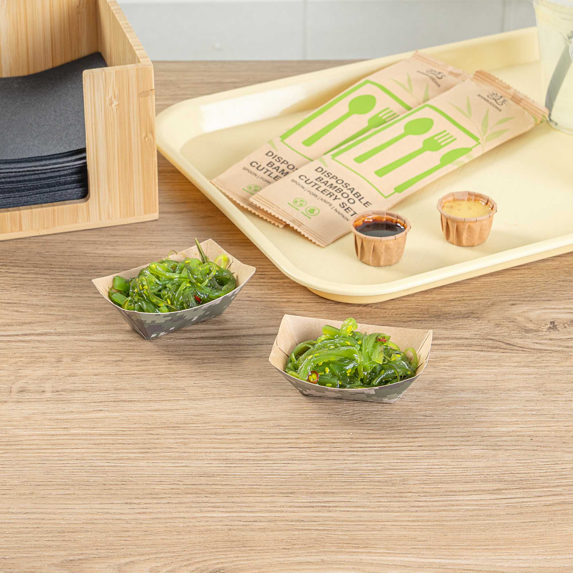 Bio Tek 2 oz Camouflage Paper Food Tray / Boat - 3 1/4" x 2 1/4" x 1 1/4" - 50 count box