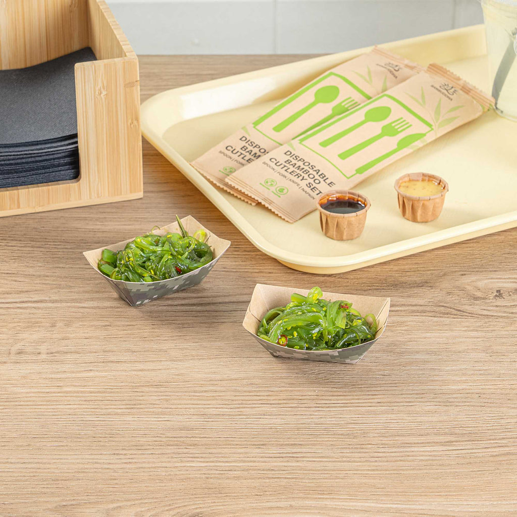 Bio Tek 2 oz Camouflage Paper Food Tray / Boat - 3 1/4" x 2 1/4" x 1 1/4" - 400 count box