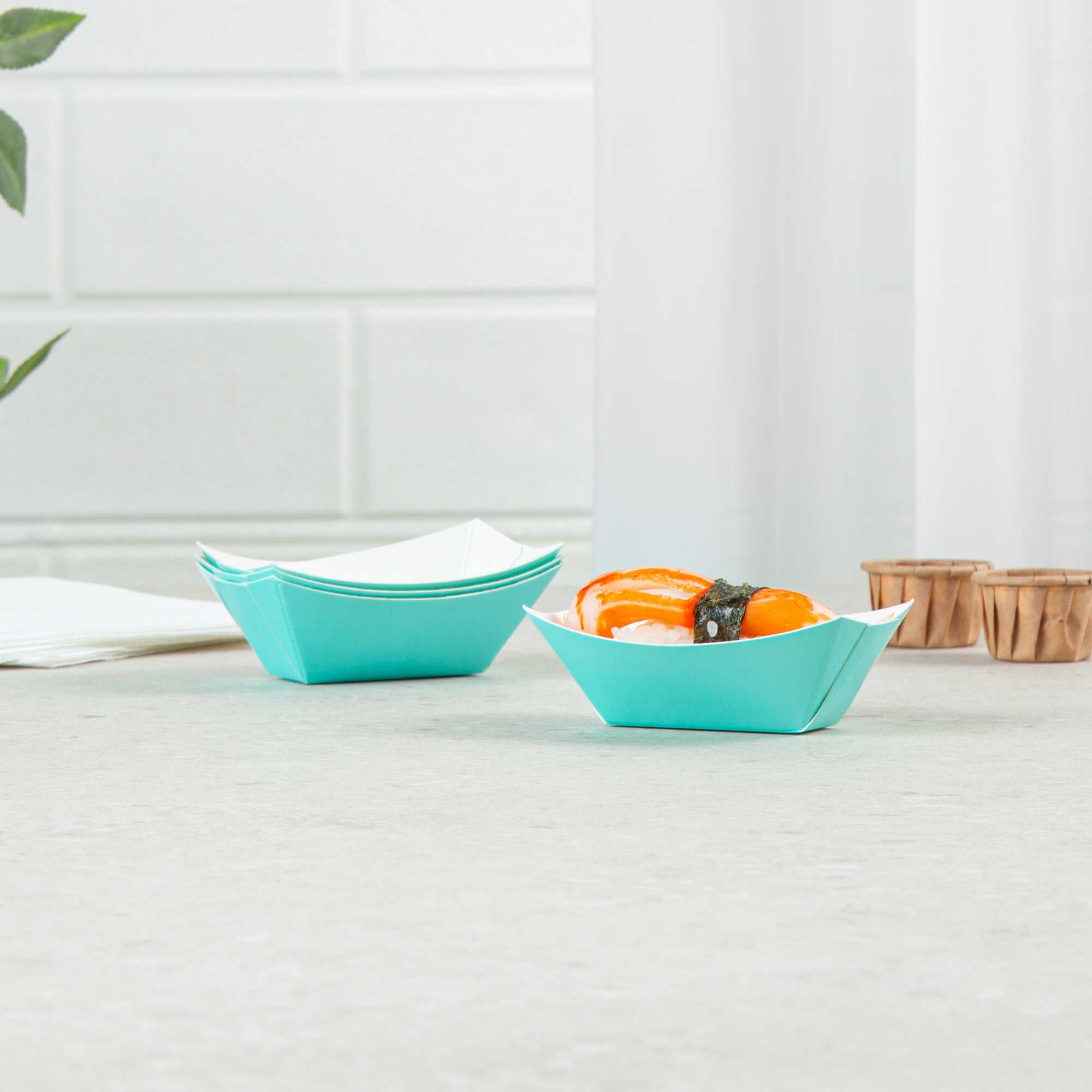 Bio Tek 2 oz Turquoise Paper Food Tray / Boat - 3 1/4" x 2 1/4" x 1 1/4" - 50 count box
